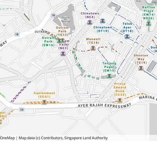 Map of the area around Blk 1C Cantonment Rd in Central Area, showing 400 m and 1 km rings and 1 primary school within 1 km