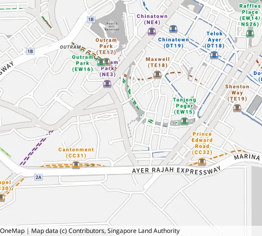 Map of the area around Blk 1D Cantonment Rd in Central Area, showing 400 m and 1 km rings and 1 primary school within 1 km