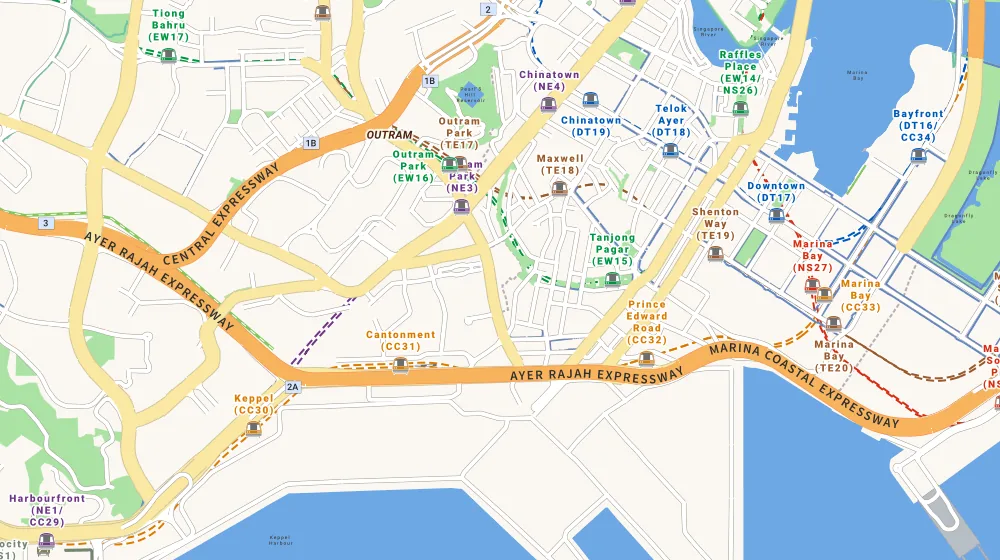 Map of the area around Blk 1E Cantonment Rd in Central Area, showing 400 m and 1 km rings and 1 primary school within 1 km