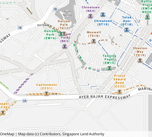 Map of the area around Blk 1E Cantonment Rd in Central Area, showing 400 m and 1 km rings and 1 primary school within 1 km