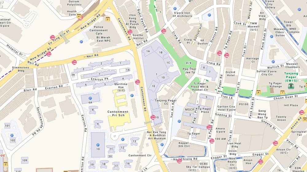 Location map of Blk 1E Cantonment Rd, an HDB resale block in Central Area, Singapore, with the nearest blocks numbered