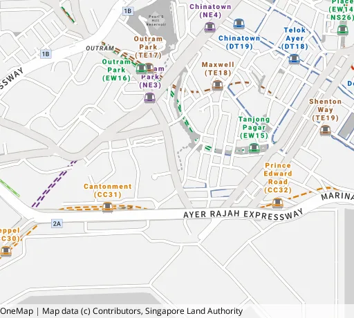 Map of the area around Blk 1F Cantonment Rd in Central Area, showing 400 m and 1 km rings and 1 primary school within 1 km