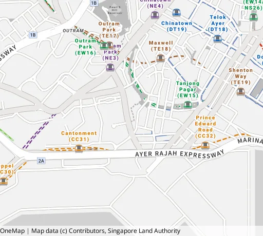 Map of the area around Blk 1G Cantonment Rd in Central Area, showing 400 m and 1 km rings and 1 primary school within 1 km