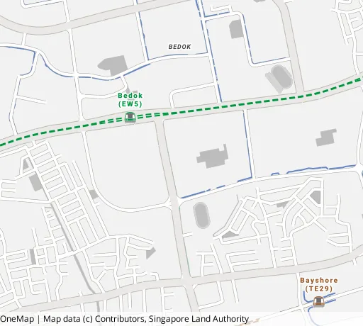 Map of the area around Blk 2 Bedok Sth Ave 1 in Bedok, showing 400 m and 1 km rings and 2 primary schools within 1 km