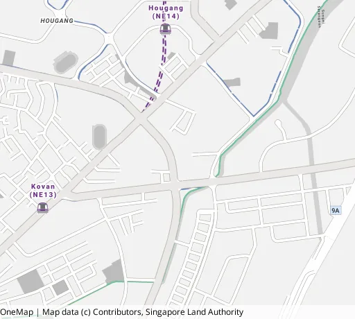 Map of the area around Blk 2 Hougang Ave 3 in Hougang, showing 400 m and 1 km rings and 2 primary schools within 1 km