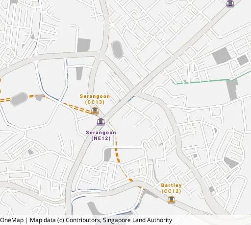 Map of the area around Blk 2 Lor Lew Lian in Serangoon, showing 400 m and 1 km rings and 1 primary school within 1 km