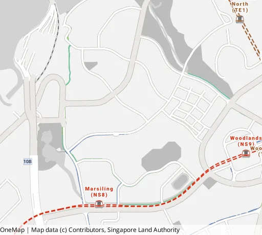 Map of the area around Blk 2 Marsiling Dr in Woodlands, showing 400 m and 1 km rings and 1 primary school within 1 km
