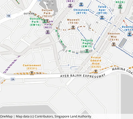 Map of the area around Blk 2 Tg Pagar Plaza in Central Area, showing 400 m and 1 km rings and 1 primary school within 1 km