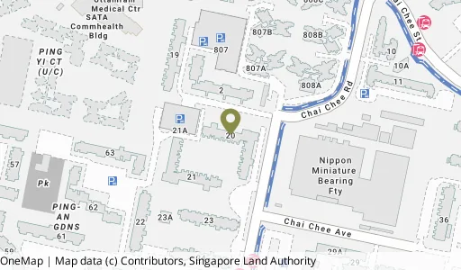Location map of Blk 20 Chai Chee Rd, a HDB resale block in Bedok, Singapore