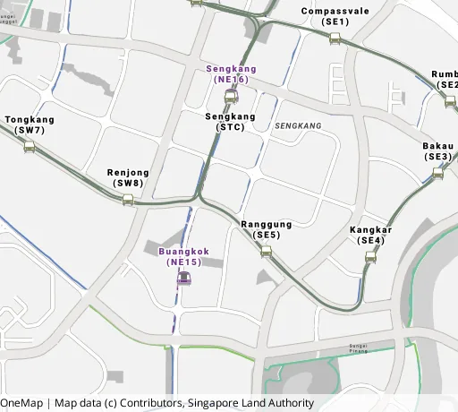 Map of the area around Blk 203A Compassvale Rd in Sengkang, showing 400 m and 1 km rings and 7 primary schools within 1 km