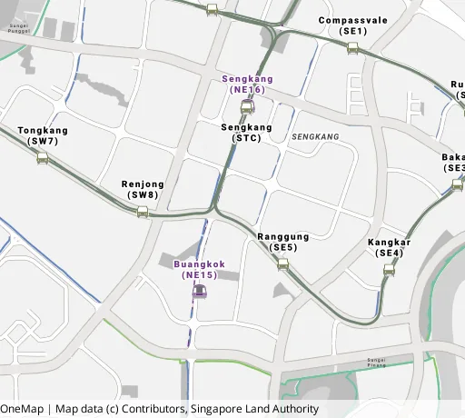 Map of the area around Blk 203B Compassvale Rd in Sengkang, showing 400 m and 1 km rings and 7 primary schools within 1 km