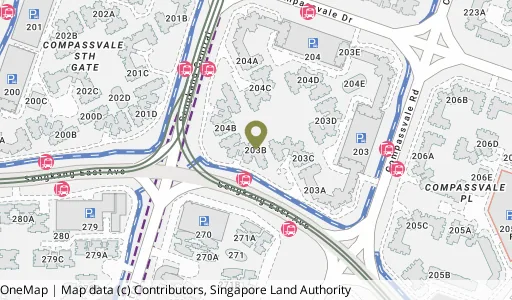 Location map of Blk 203B Compassvale Rd, a HDB resale block in Sengkang, Singapore