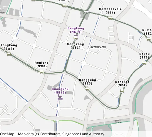 Map of the area around Blk 203D Compassvale Rd in Sengkang, showing 400 m and 1 km rings and 7 primary schools within 1 km