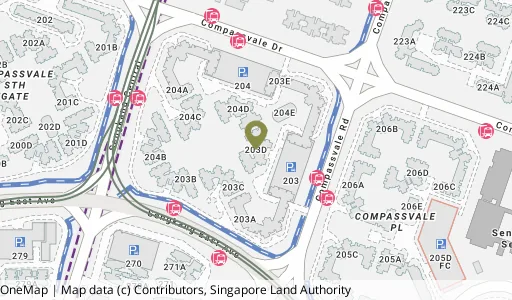 Location map of Blk 203D Compassvale Rd, a HDB resale block in Sengkang, Singapore
