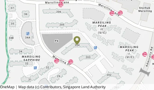 Location map of Blk 204 Marsiling Dr, a HDB resale block in Woodlands, Singapore