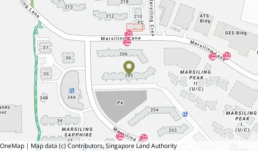Location map of Blk 205 Marsiling Dr, a HDB resale block in Woodlands, Singapore