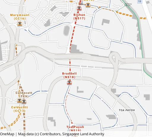 Map of the area around Blk 205 Toa Payoh Nth in Toa Payoh, showing 400 m and 1 km rings and 3 primary schools within 1 km