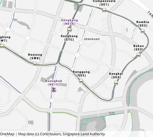 Map of the area around Blk 205C Compassvale Lane in Sengkang, showing 400 m and 1 km rings and 7 primary schools within 1 km