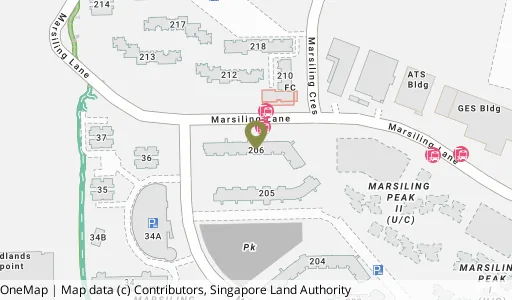 Location map of Blk 206 Marsiling Dr, a HDB resale block in Woodlands, Singapore