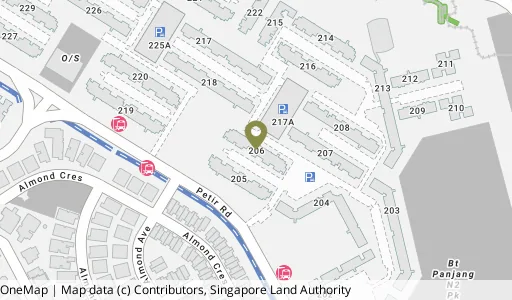 Location map of Blk 206 Petir Rd, a HDB resale block in Bukit Panjang, Singapore