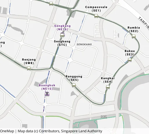 Map of the area around Blk 206D Compassvale Lane in Sengkang, showing 400 m and 1 km rings and 6 primary schools within 1 km