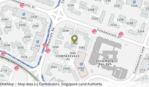 Location map of Blk 206D Compassvale Lane, a HDB resale block in Sengkang, Singapore