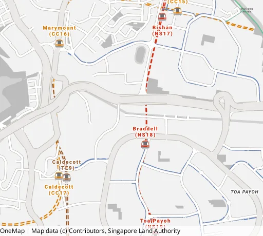 Map of the area around Blk 207 Toa Payoh Nth in Toa Payoh, showing 400 m and 1 km rings and 2 primary schools within 1 km