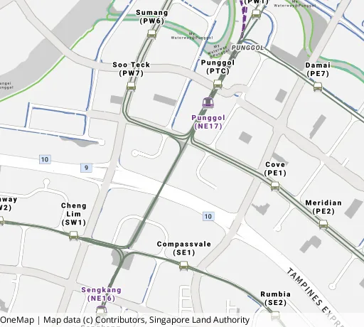 Map of the area around Blk 207C Punggol Pl in Punggol, showing 400 m and 1 km rings and 6 primary schools within 1 km