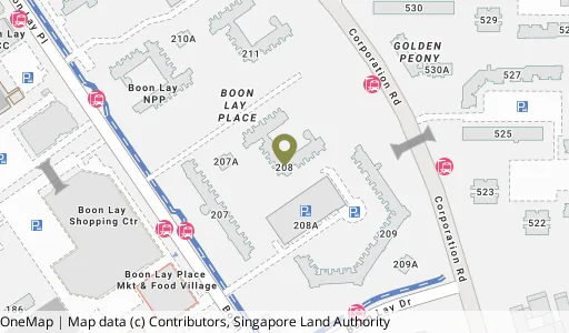 Location map of Blk 208 Boon Lay Pl, a HDB resale block in Jurong West, Singapore