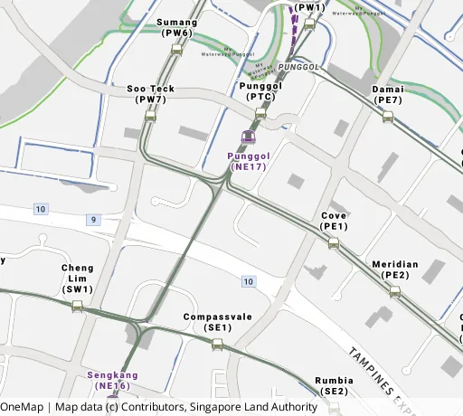Map of the area around Blk 208C Punggol Pl in Punggol, showing 400 m and 1 km rings and 6 primary schools within 1 km