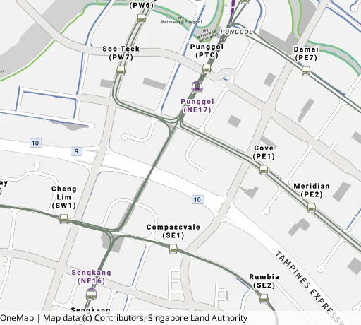 Map of the area around Blk 209B Punggol Pl in Punggol, showing 400 m and 1 km rings and 6 primary schools within 1 km