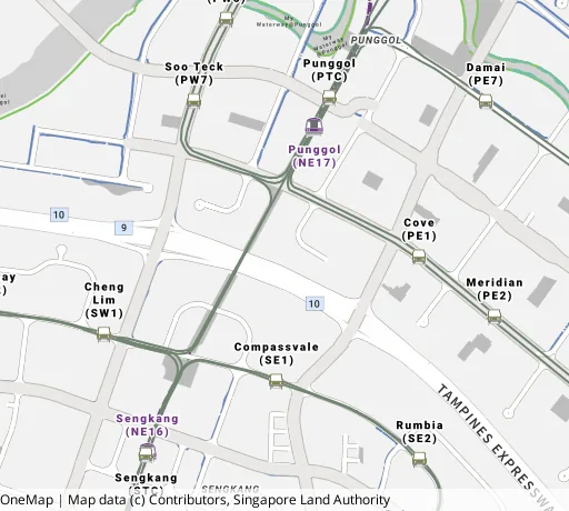 Map of the area around Blk 209C Punggol Pl in Punggol, showing 400 m and 1 km rings and 6 primary schools within 1 km