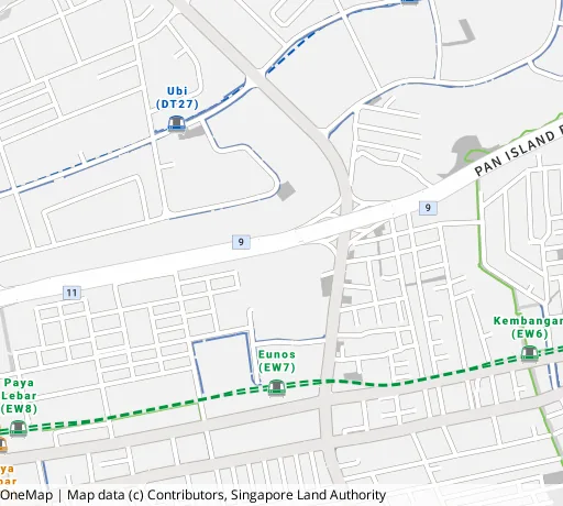Map of the area around Blk 21 Eunos Cres in Geylang, showing 400 m and 1 km rings and 1 primary school within 1 km