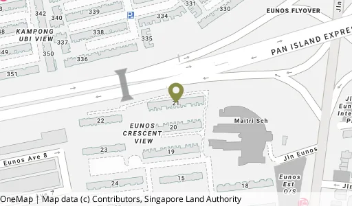 Location map of Blk 21 Eunos Cres, a HDB resale block in Geylang, Singapore