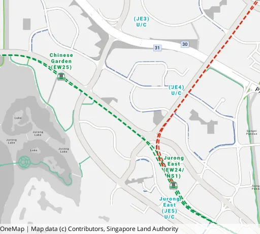 Map of the area around Blk 210 Jurong East St 21 in Jurong East, showing 400 m and 1 km rings and 2 primary schools within 1 km