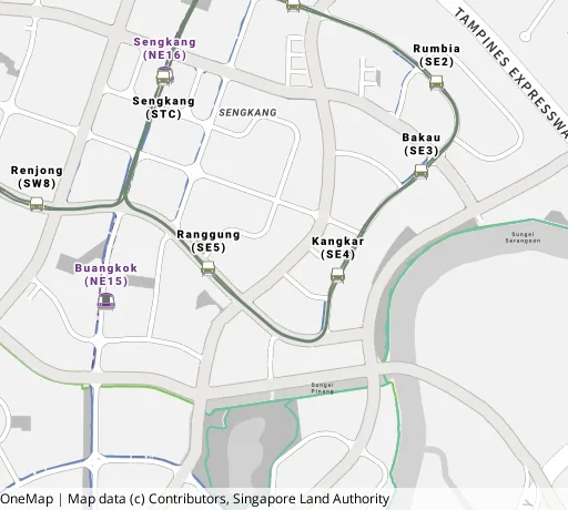 Map of the area around Blk 210A Compassvale Lane in Sengkang, showing 400 m and 1 km rings and 5 primary schools within 1 km