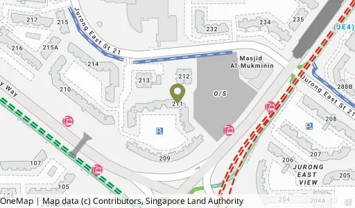Location map of Blk 211 Jurong East St 21, a HDB resale block in Jurong East, Singapore