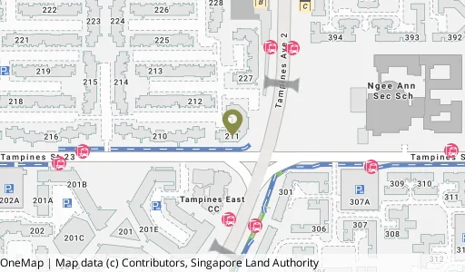 Location map of Blk 211 Tampines St 23, a HDB resale block in Tampines, Singapore