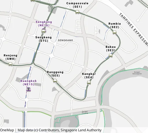 Map of the area around Blk 212A Compassvale Dr in Sengkang, showing 400 m and 1 km rings and 5 primary schools within 1 km