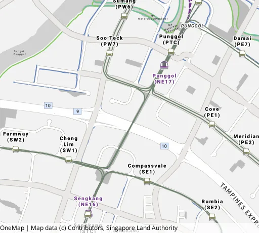 Map of the area around Blk 212A Punggol Walk in Punggol, showing 400 m and 1 km rings and 6 primary schools within 1 km