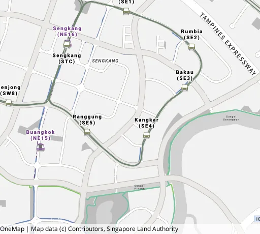 Map of the area around Blk 213B Compassvale Lane in Sengkang, showing 400 m and 1 km rings and 4 primary schools within 1 km