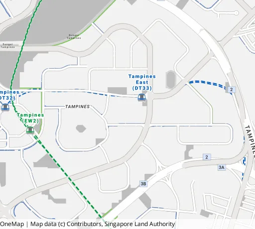 Map of the area around Blk 214 Tampines St 23 in Tampines, showing 400 m and 1 km rings and 5 primary schools within 1 km