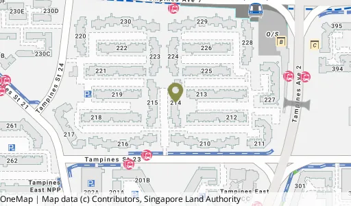 Location map of Blk 214 Tampines St 23, a HDB resale block in Tampines, Singapore