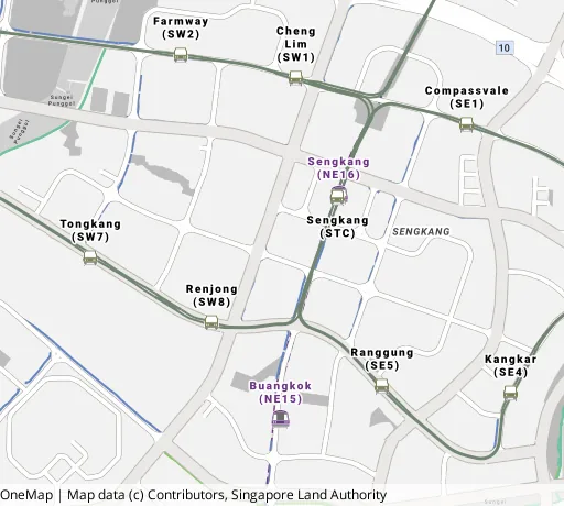 Map of the area around Blk 215A Compassvale Dr in Sengkang, showing 400 m and 1 km rings and 7 primary schools within 1 km