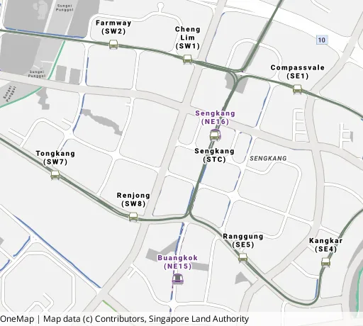 Map of the area around Blk 215B Compassvale Dr in Sengkang, showing 400 m and 1 km rings and 7 primary schools within 1 km