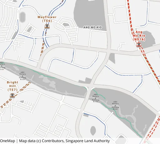 Map of the area around Blk 216 Ang Mo Kio Ave 1 in Ang Mo Kio, showing 400 m and 1 km rings and 1 primary school within 1 km