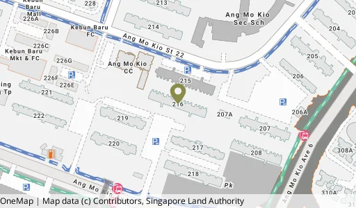 Location map of Blk 216 Ang Mo Kio Ave 1, a HDB resale block in Ang Mo Kio, Singapore