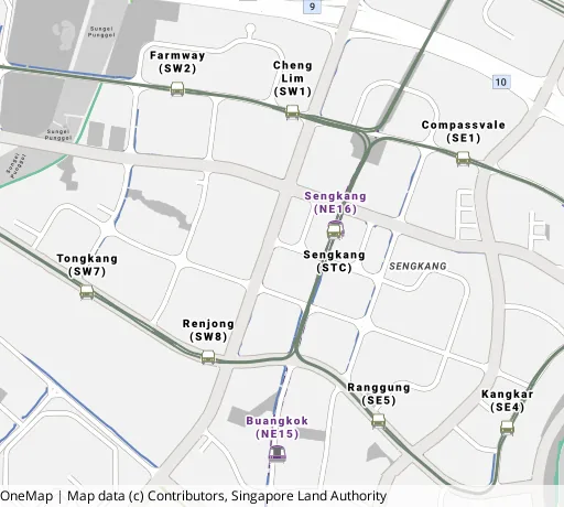 Map of the area around Blk 216A Compassvale Dr in Sengkang, showing 400 m and 1 km rings and 7 primary schools within 1 km