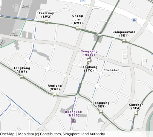 Map of the area around Blk 216B Compassvale Dr in Sengkang, showing 400 m and 1 km rings and 7 primary schools within 1 km