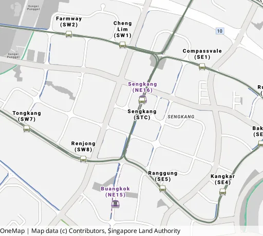 Map of the area around Blk 216D Compassvale Dr in Sengkang, showing 400 m and 1 km rings and 7 primary schools within 1 km